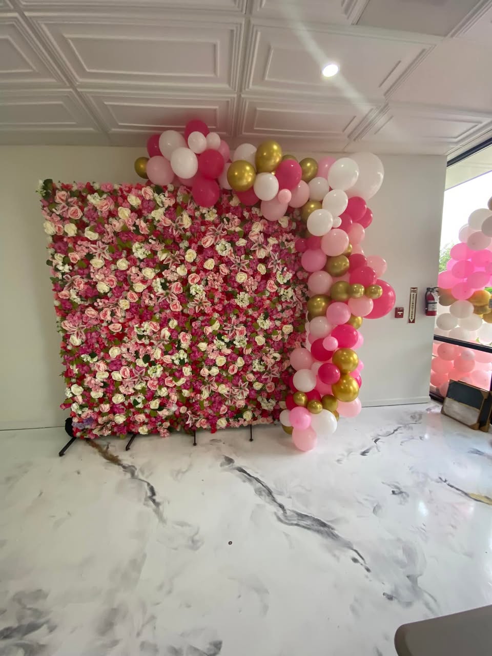 Flower Wall Backdrop - Pink and gold balloon garland with floral wall by Buchannon Events